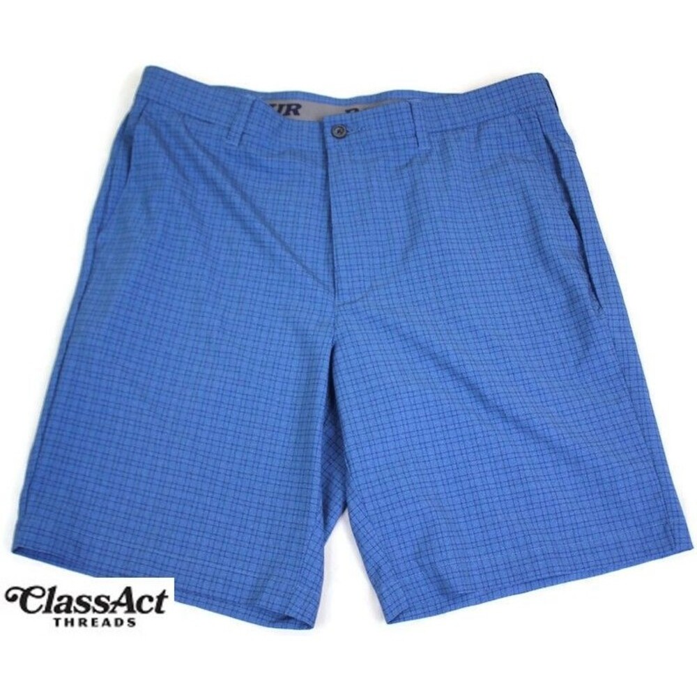 PGA Tour Men's Golf Shorts 36 Blue Check Mini Geo Flat Front Stretch Performance